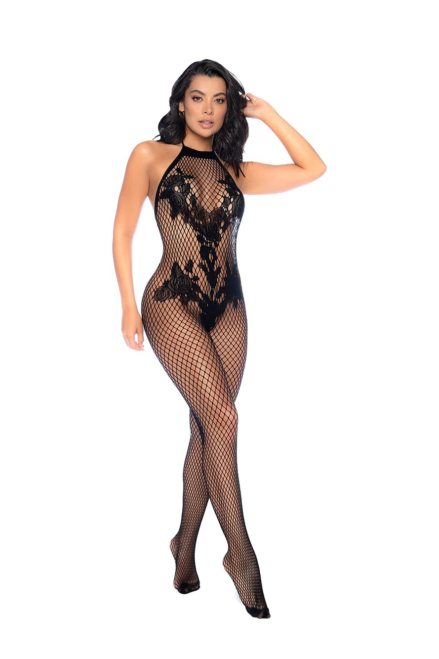 Vino Noir Floral Fishnet Bodystocking - Os - Black Mapale
